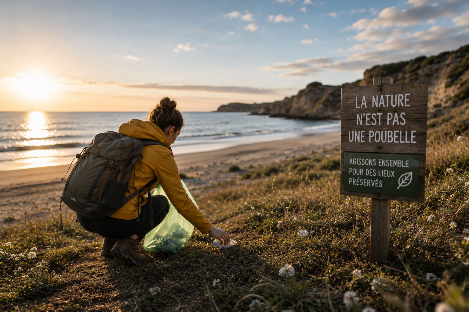 Voyageuse ramassant des déchets sur une plage, illustration d’une action concrète pour un tourisme durable