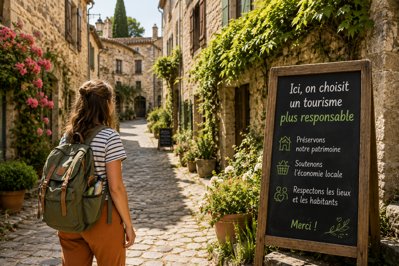 Voyageuse dans un village de caractère, illustration d’un choix de tourisme plus responsable