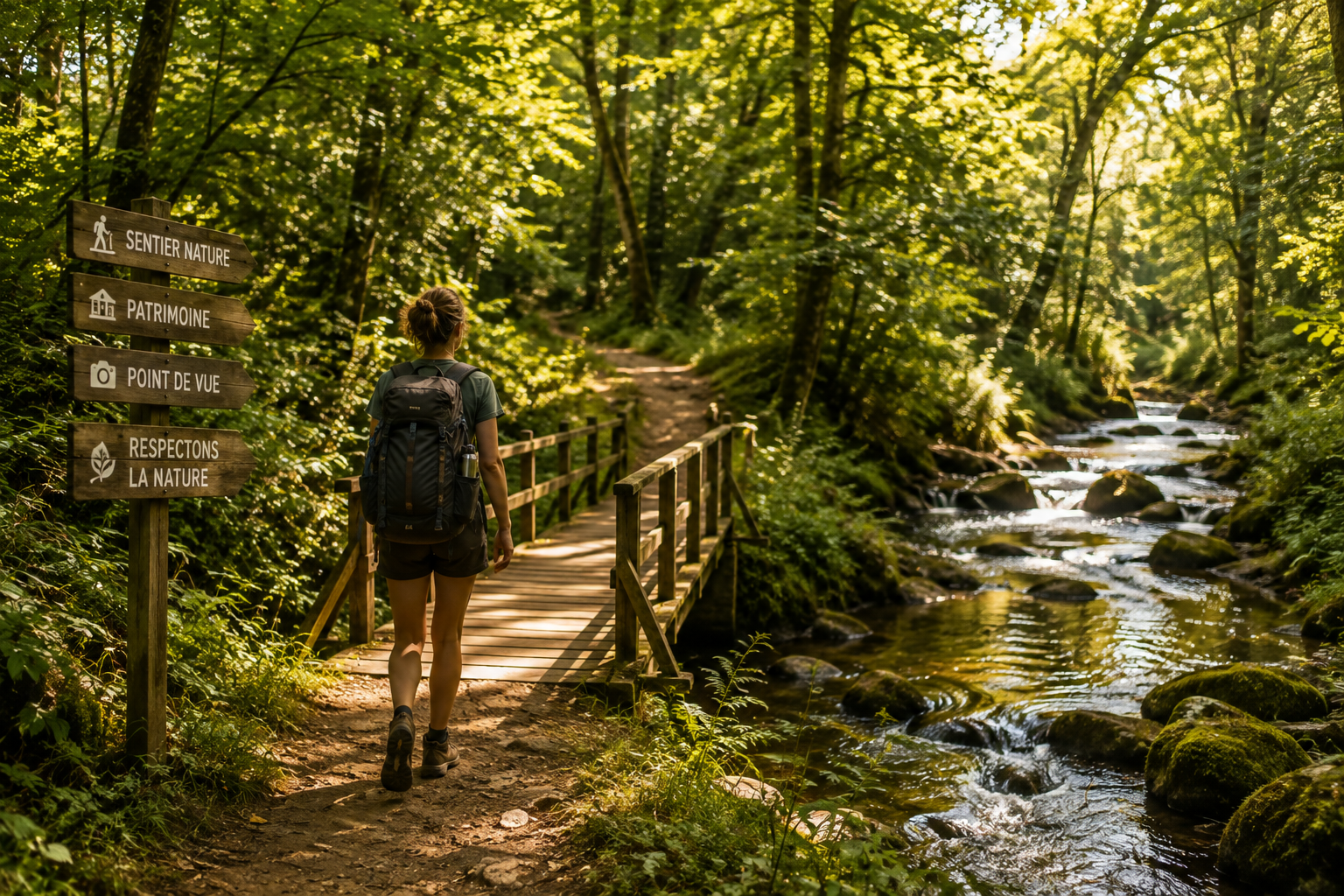 Randonneuse sur un sentier nature en forêt, illustration d’une découverte respectueuse des territoires