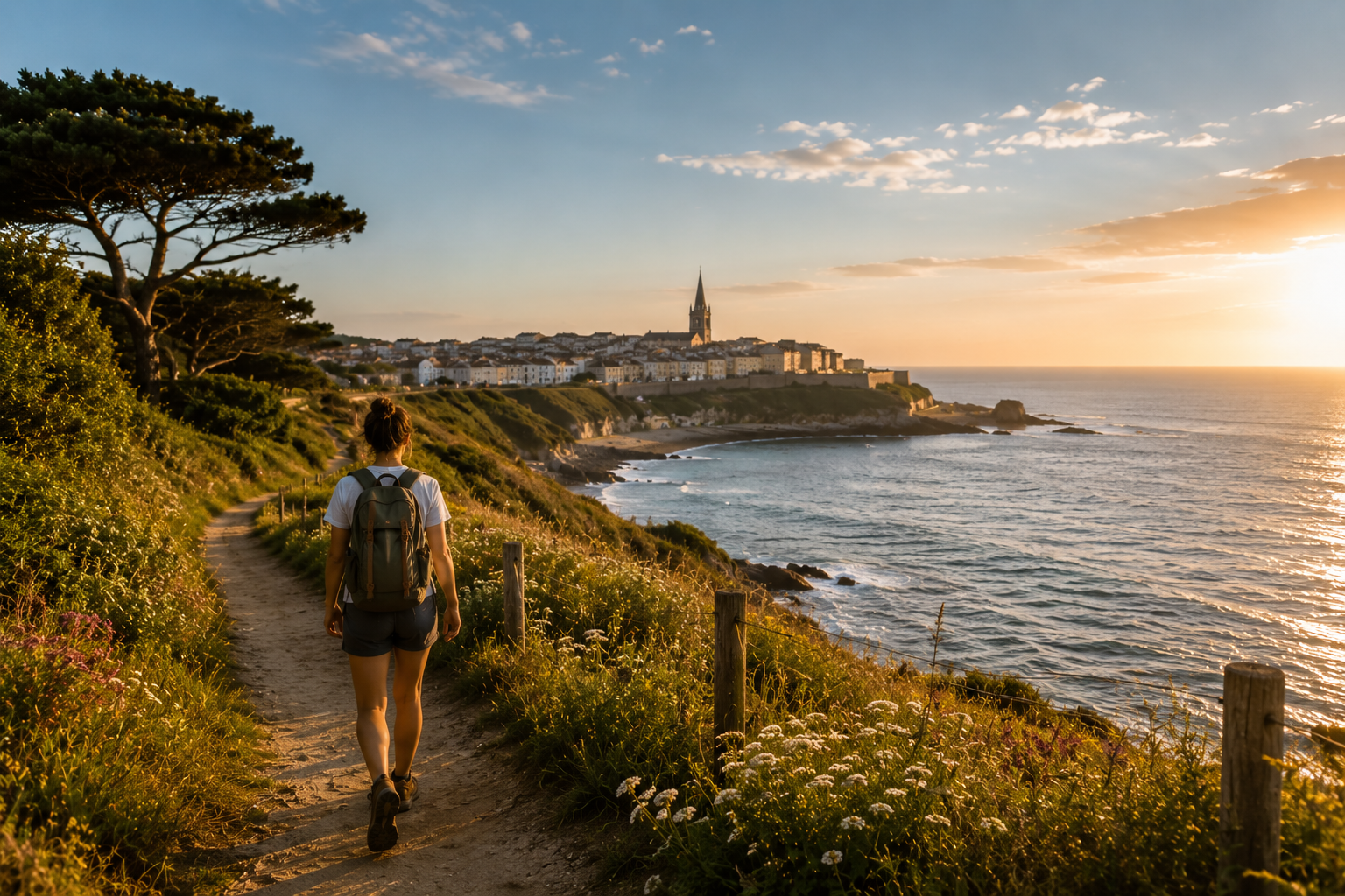 Randonneuse sur un sentier côtier au coucher du soleil, illustration d’une destination responsable