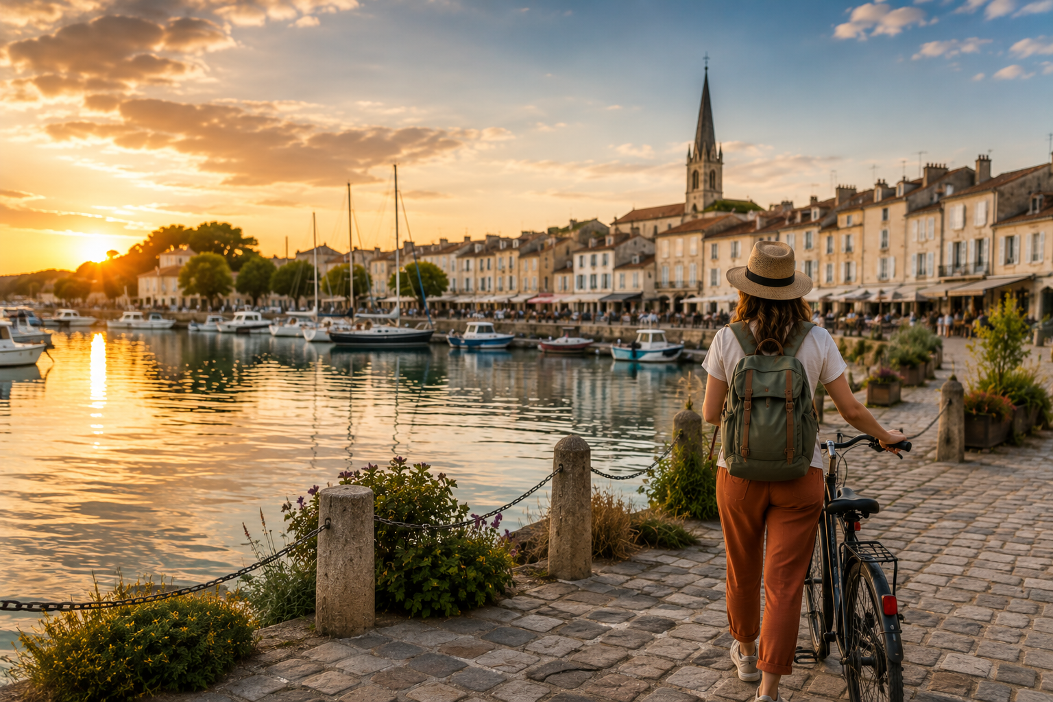 Voyageuse à vélo dans un port côtier, illustration d’une destination responsable