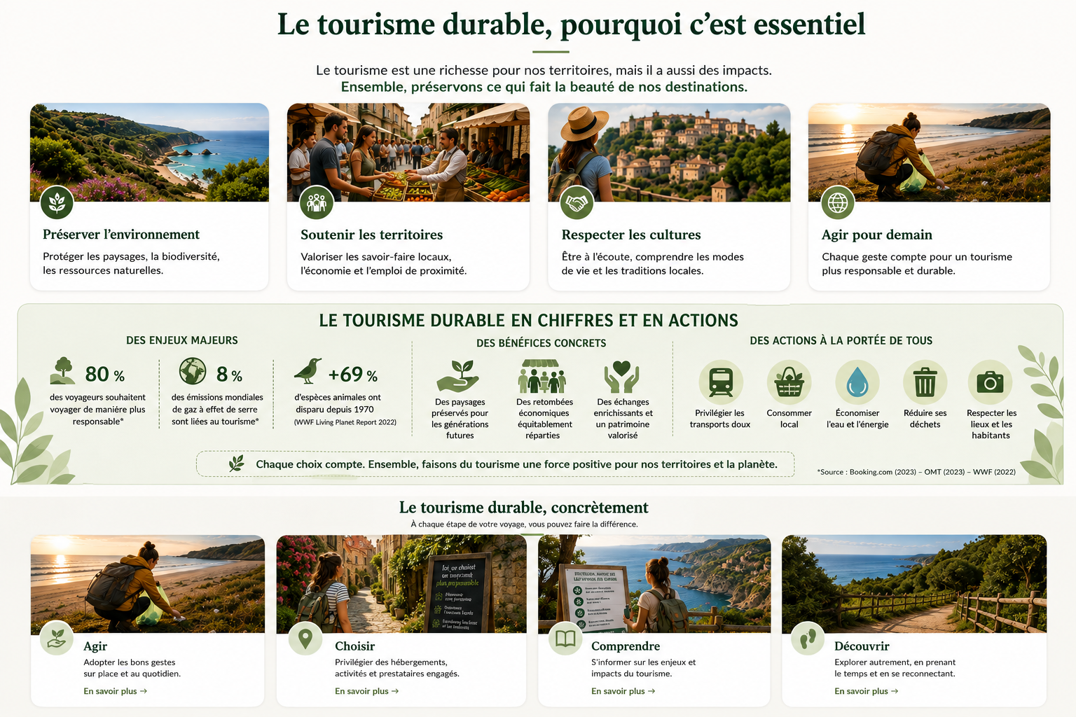 Infographie sur les enjeux, chiffres clés et actions concrètes du tourisme durable