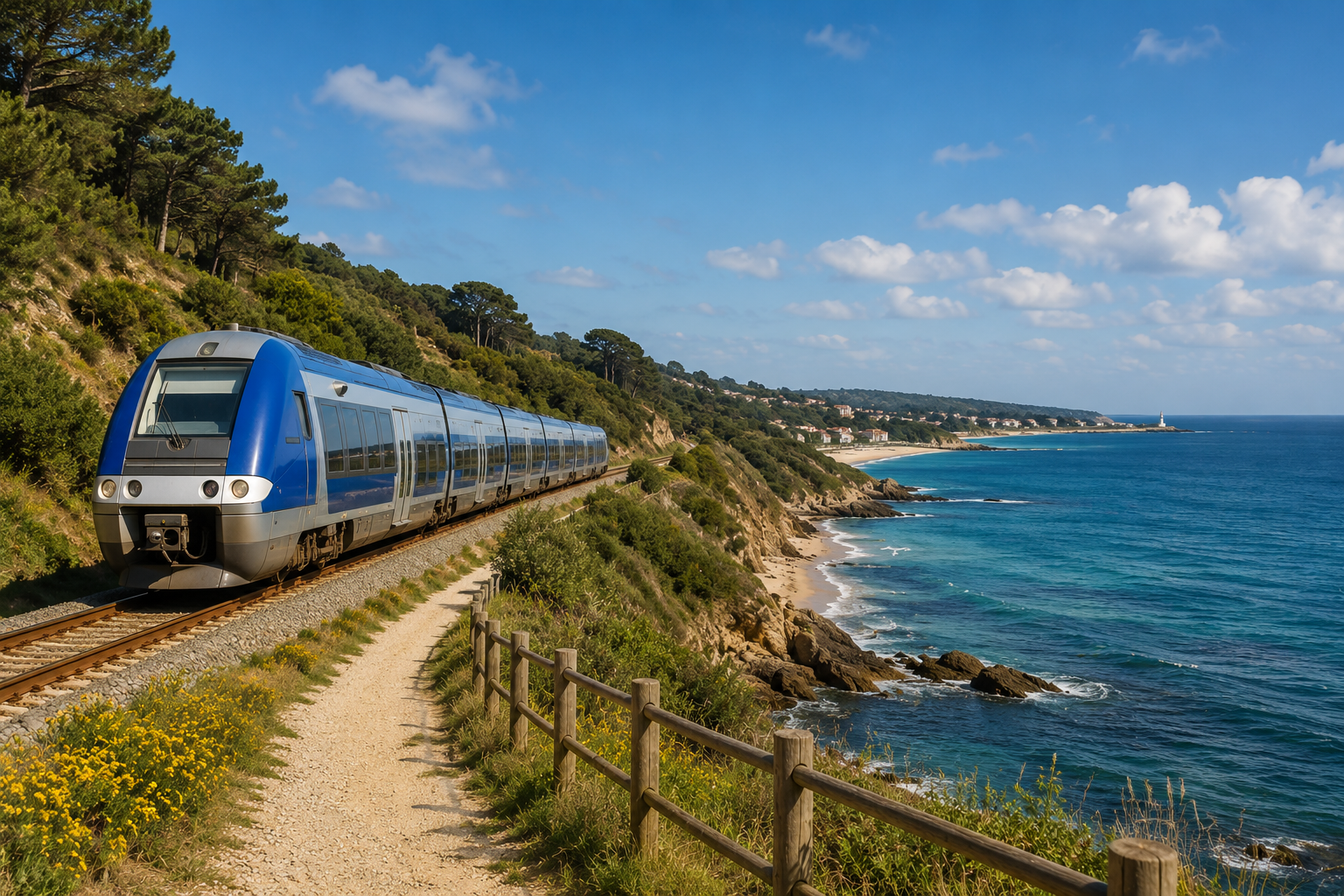 Train longeant le littoral, illustration de la mobilité durable en Nouvelle-Aquitaine