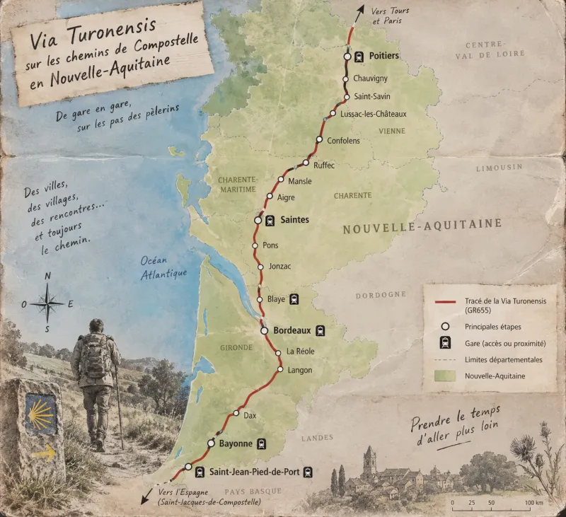 Carte illustrée de la Via Turonensis en Nouvelle-Aquitaine avec Poitiers, Saintes, Bordeaux, Bayonne et Saint-Jean-Pied-de-Port