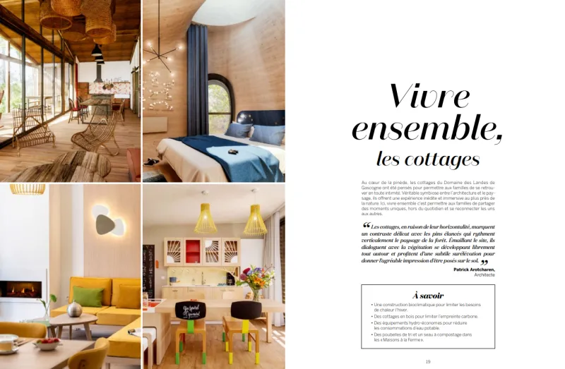 Extrait de brochure présentant plusieurs intérieurs de cottages du domaine Les Landes de Gascogne