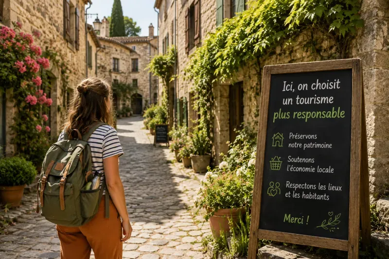 Voyageuse dans un village de caractère, illustration d’un choix de tourisme plus responsable
