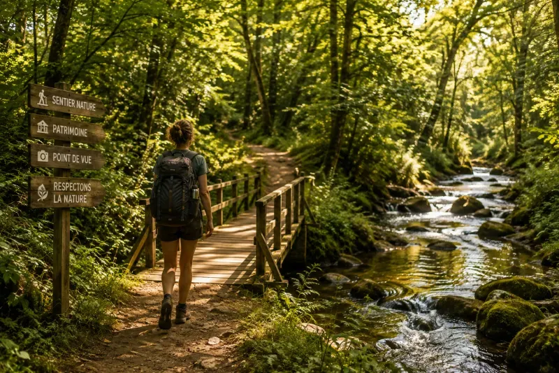 Randonneuse sur un sentier nature en forêt, illustration d’une découverte respectueuse des territoires