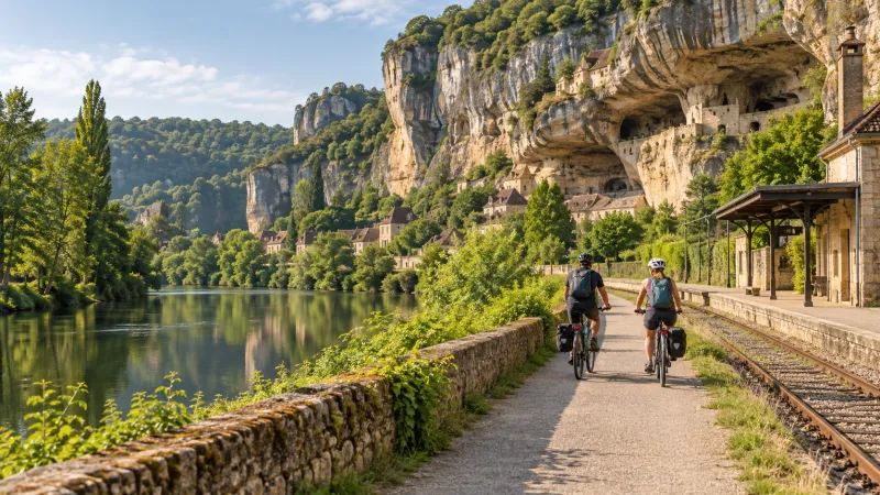 Cyclistes le long de la Vézère en Dordogne