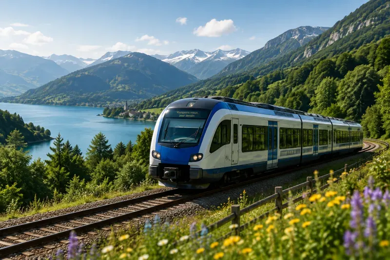 Train régional traversant un paysage de montagne, illustration de la mobilité bas carbone