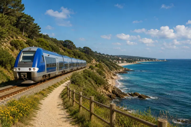 Train longeant le littoral, illustration de la mobilité durable en Nouvelle-Aquitaine