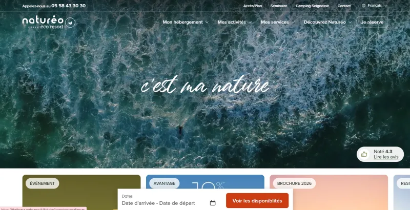 Capture de la page d’accueil de Naturéo, à Seignosse
